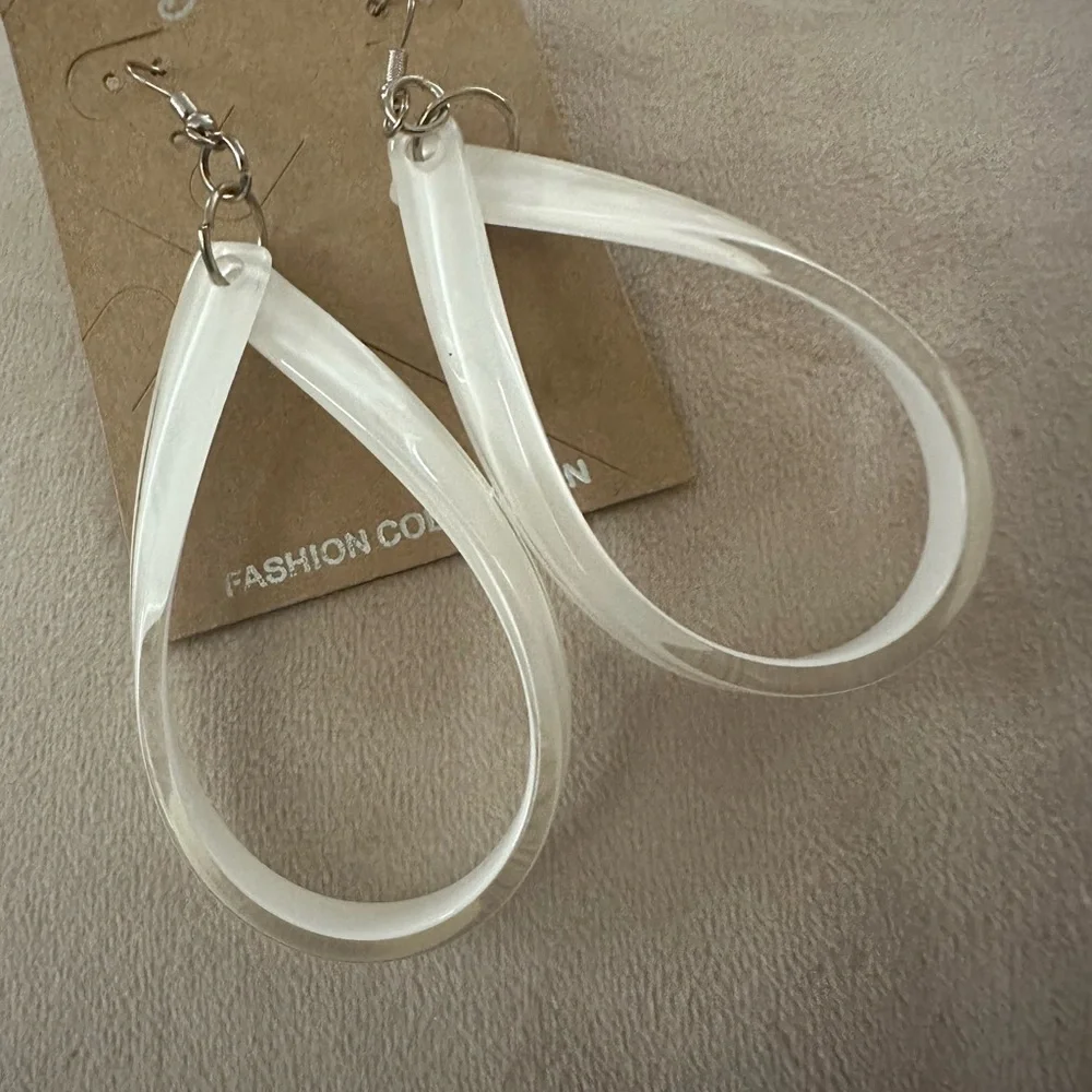 Rain Jewelry Acrylic Door Knocker Drop Disc Statement Earrings White Clear - Picture 5 of 5